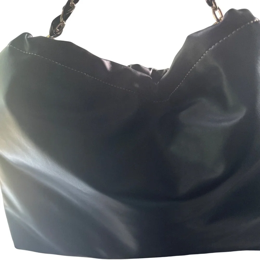 True Religion Black Faux Leather Multi Chain Strap Charm Gold Tonr Hobo Large